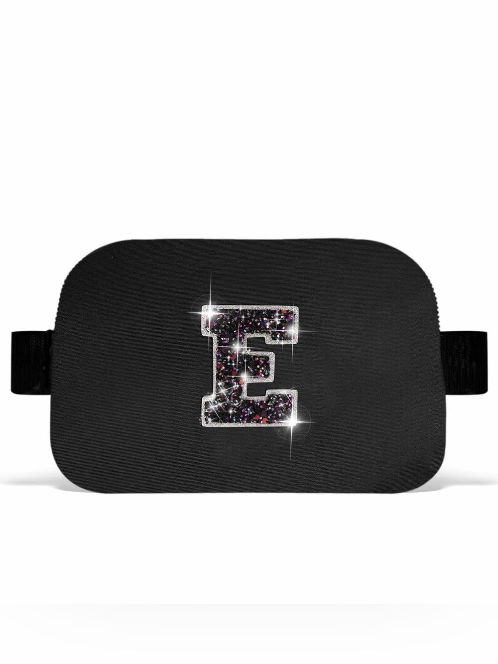 Black Crossbody Belt Bag with Black Glittered Chenille “E” Accent